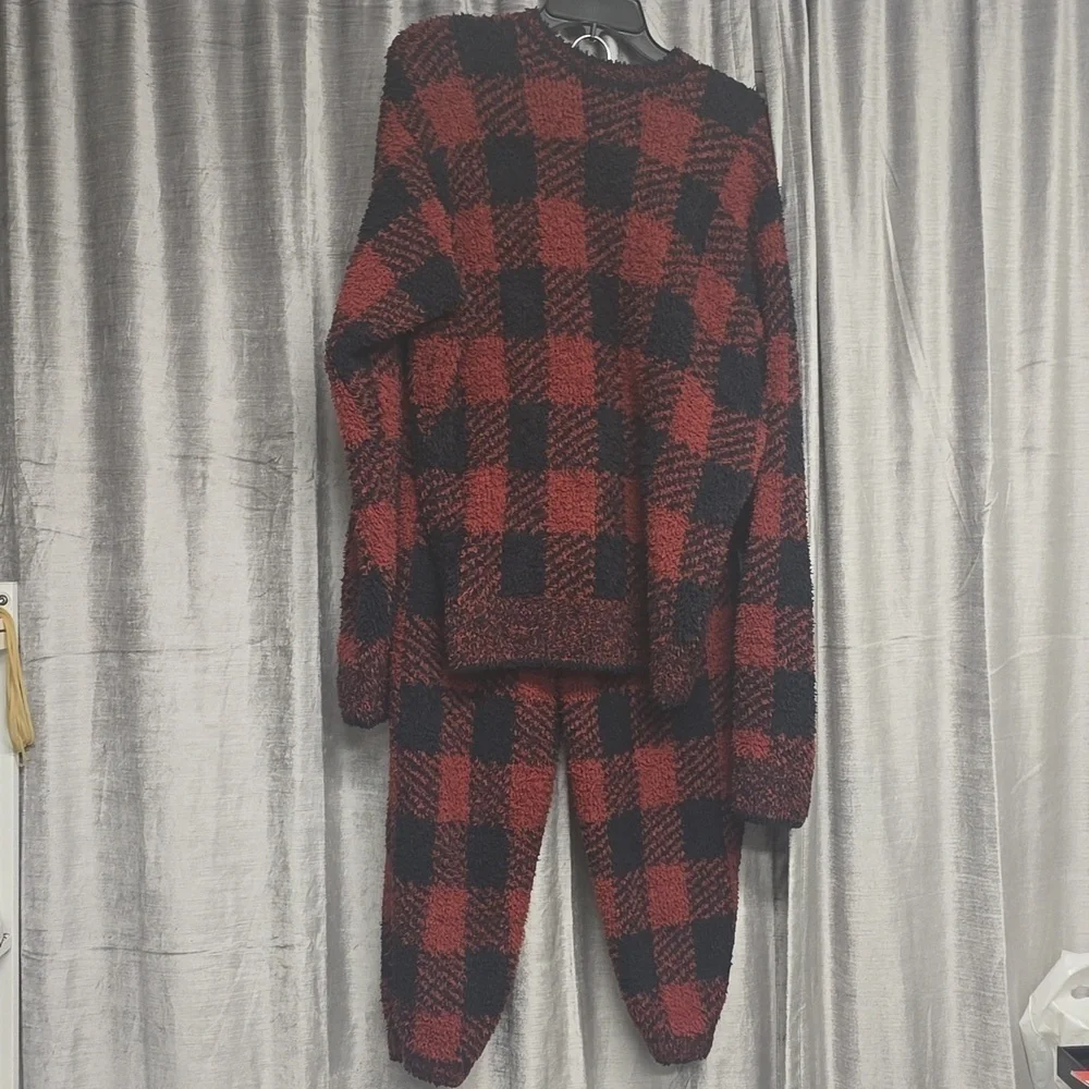New SKIMS Cozy Knit Unisex Lounge Set - Brick Buffalo Check Oversized SET S/M
